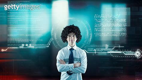 Programmer In Front Of Futuristic User Interface High Tech Screens