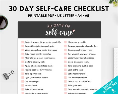 30 Day Self Care Checklist Printable Self Care Challenge Etsy