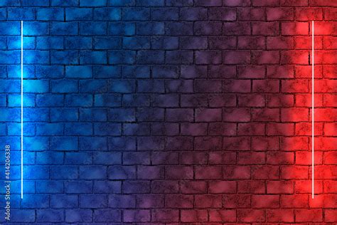 Neon Light Lamps On Brick Wall Background Red And Blue Abstract Dark