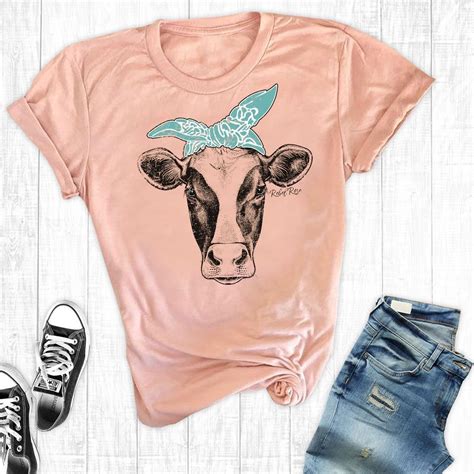 Turquoise Cow Bandanna Cow Shirt Country Shirts T Shirts For Women