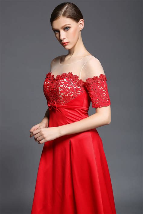 Robe Longue Rouge Empire Manche Courte En Dentelle Guipure Persun Fr