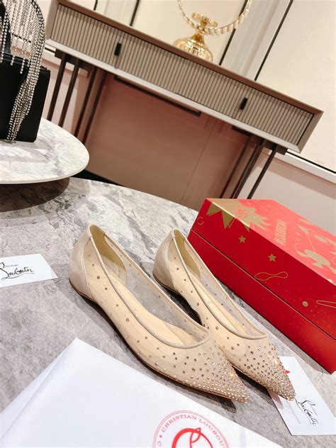Replica Christian Louboutin Follies Strass Flat Ballerinas In Nude Mesh