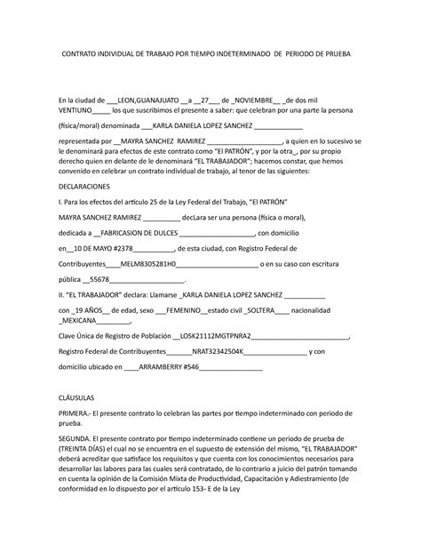 Contrato Individual De Trabajo Por Tiempo Indeterminado De Periodo De