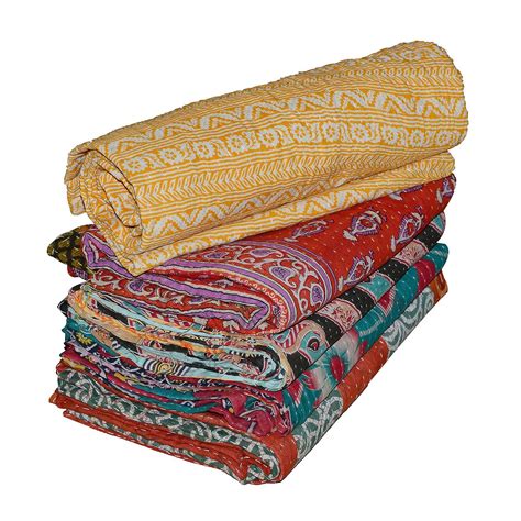 Vintage Kantha Quilts Indian Tribal Kantha Cotton Reversible Bedspread Throw Old Sari Made