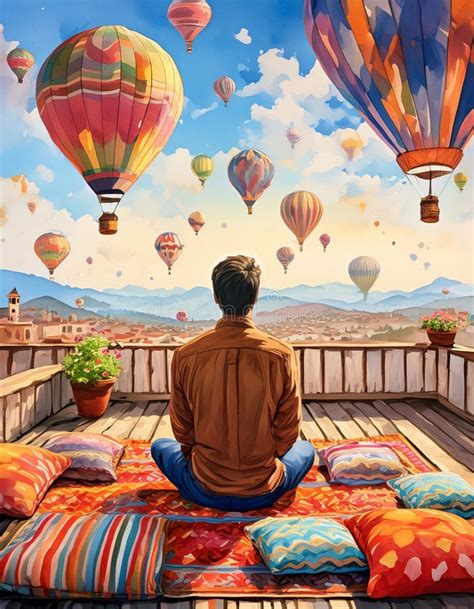 Watercolor Of Man On Rooftop Admires Colorful Hot Air Balloons Floating Over Picturesque Town