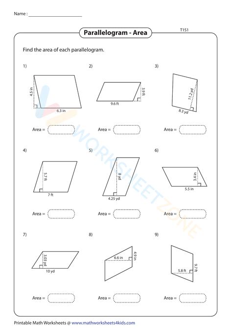 Free Area of Parallelogram Worksheet Collection for kids