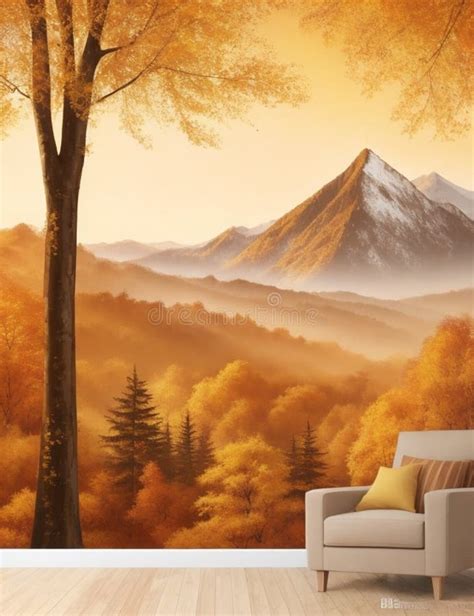 Illustration Landscape Forest Golden Tree Brown Wallpaper Stock