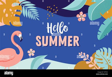 Hola Verano vector diseño de pancarta con flamingo y hojas tropicales