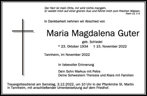 Traueranzeigen Von Maria Magdalena Guter Schwaebische De Trauerportal