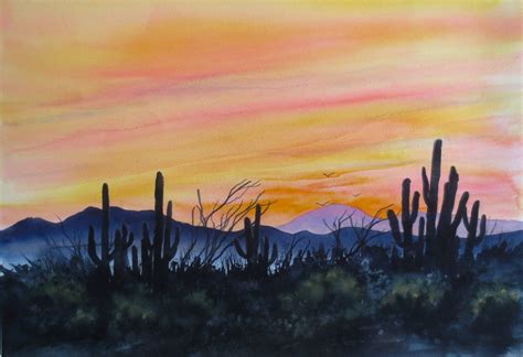 Desert Sunset Watercolor Original Southwest Cactus Sky - Etsy