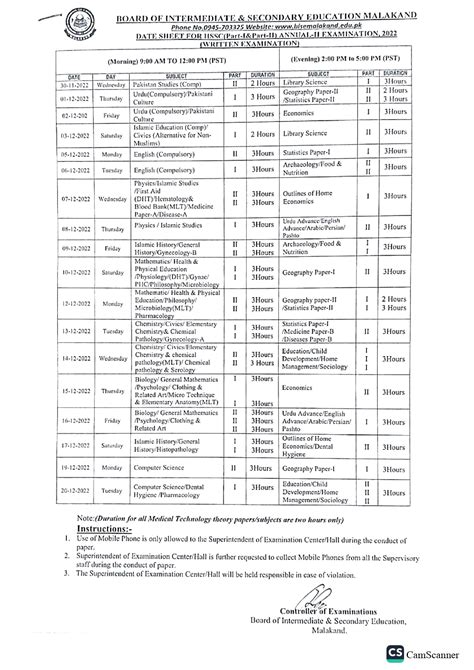 Bise Malakand Board Date Sheet 2025 Inter Part 1 2 Hssc Fa Fsc