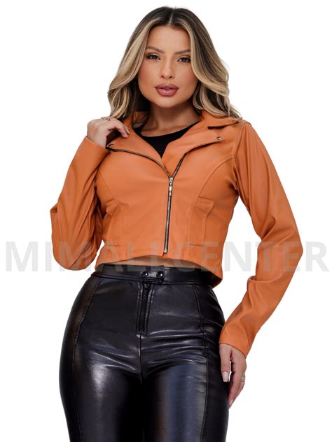 Jaqueta Feminina De Couro Sintetico Casaco Courino Zipper Blusa Leve