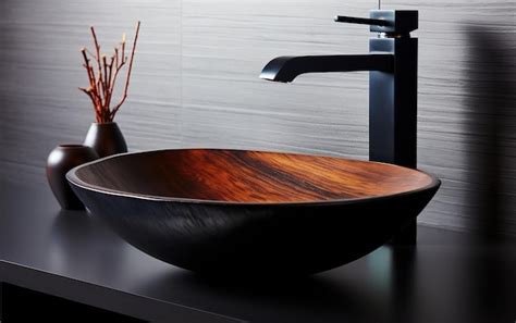 Premium Photo | Sleek Black Vessel Sink and Faucet on Wooden Counter ...