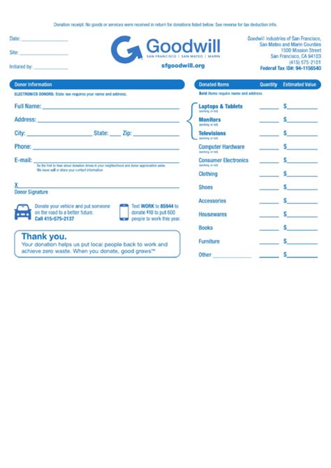 Fillable Goodwill Of San Francisco - Donation Receipt printable pdf ...