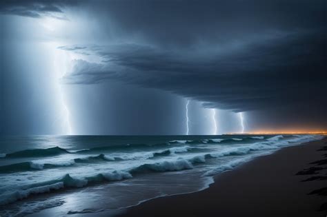 Premium AI Image | Lightning strikes on the beach in the evening