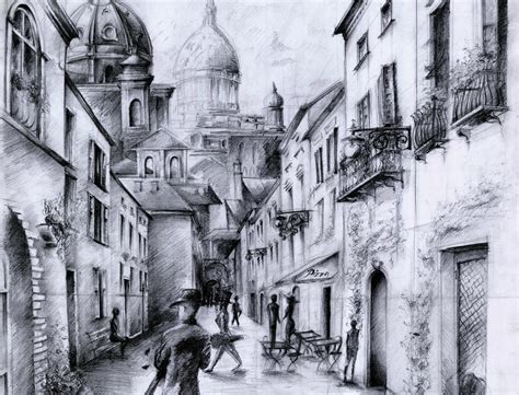 Pencil Drawing Print, Old Town Street, Architecture Drawing, Classic ...