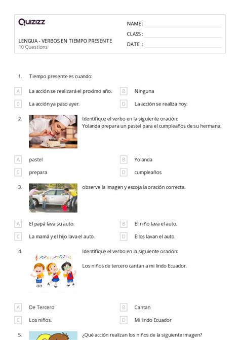 50 Verbos En Tiempo Presente Hojas De Trabajo Para Grado 3 En Quizizz