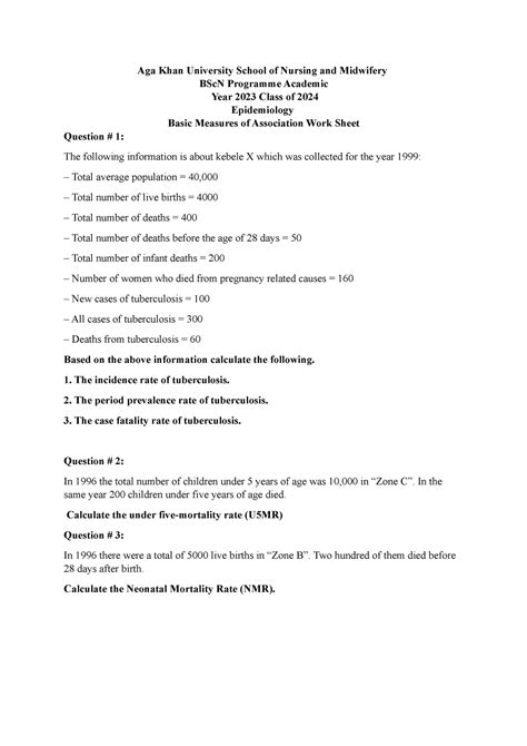 Epi Basic Measures Of Association Practice Sheet Aga Khan University