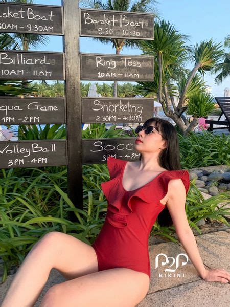 Monokini basic phối bèo màu đỏ P2P Bikini Thương hiệu đồ bơi nữ đồ bơi nam hàng đầu Việt Nam