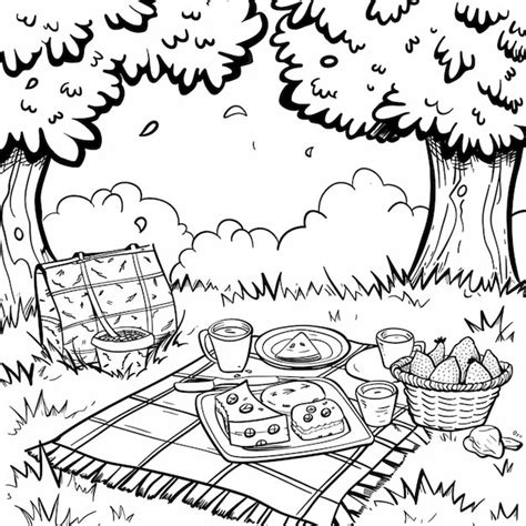 Premium Photo A Black And White Drawing Of A Picnic Blanket With Food