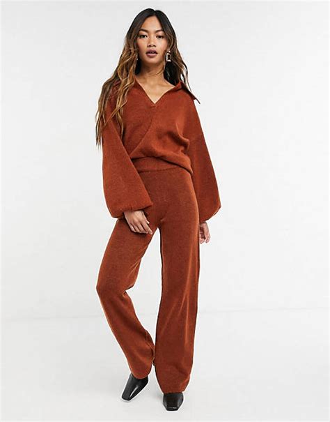 Asos Design Co Ord Jumper With Open Collar And Trouser In Rust Asos