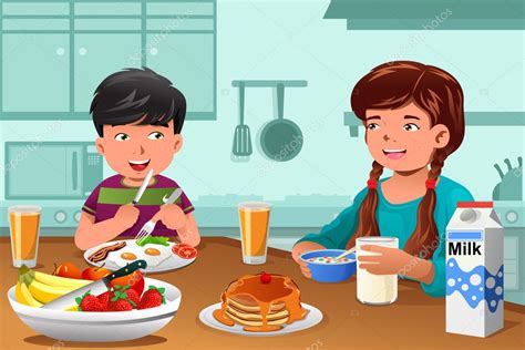 niños comen desayuno saludable — Vector de stock © artisticco #47715643