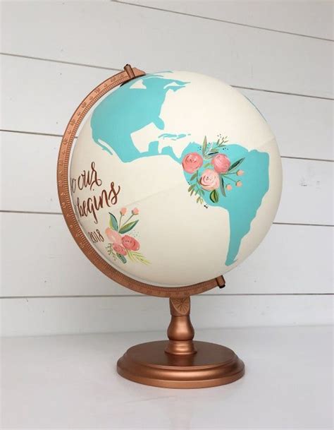 Wedding Guestbook Custom Hand Painted World Globe With Florals And