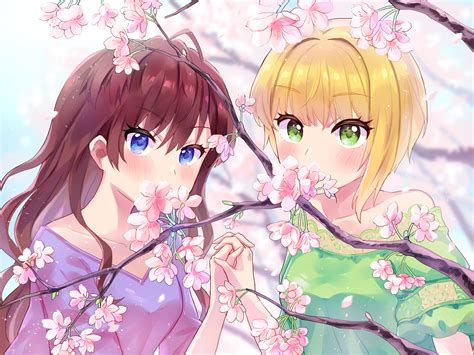 2girls Amy30535 Blonde Hair Blue Eyes Blush Brown Hair Cherry Blossoms