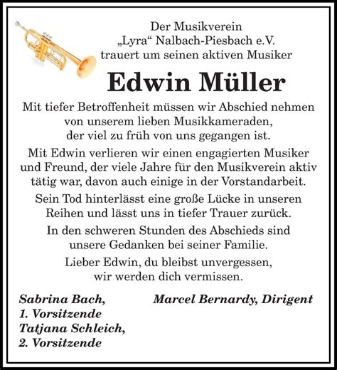 Traueranzeigen von Edwin Müller Saarbruecker Zeitung Trauer de