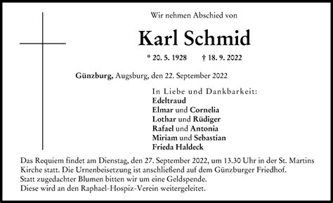 Traueranzeigen Von Karl Schmid Augsburger Allgemeine Zeitung