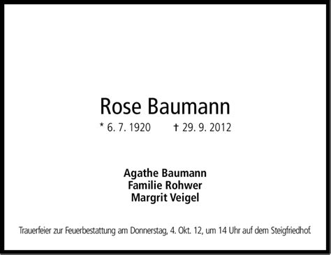 Traueranzeigen Von Rose Baumann Stuttgart Gedenkt De