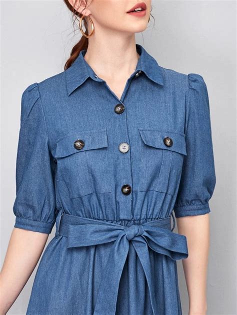 Shein Puff Sleeve Flap Pocket Ruffle Hem Belted Dress Modest Fashion