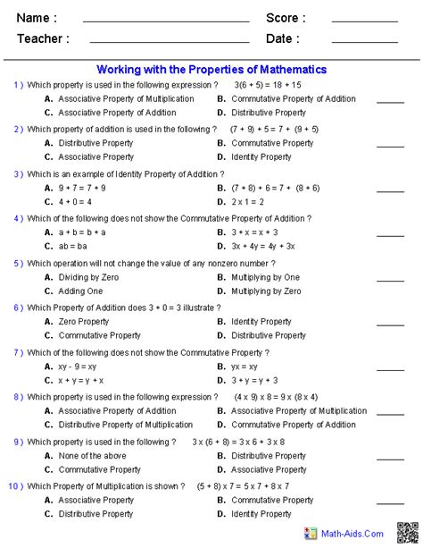 Properties Of Addition Worksheets