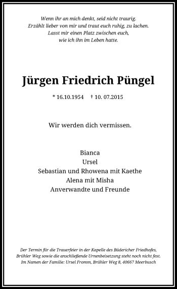 Alle Traueranzeigen für Jürgen Friedrich Püngel trauer rp online de