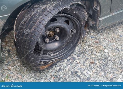 Destroyed Blown Out Tire With Exploded Shredded And Damaged Tire On A