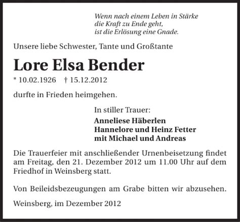 Traueranzeigen Von Bender Lore Elsa Trauerundgedenken De