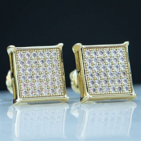 K Gold Sterling Lab Simulated Diamond Stud Square Bling Hip Hop Mens