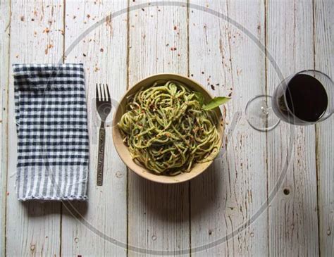 Image Of Close Up Of Spaghetti With Pesto Sauce In A Bowl CQ240317 Picxy