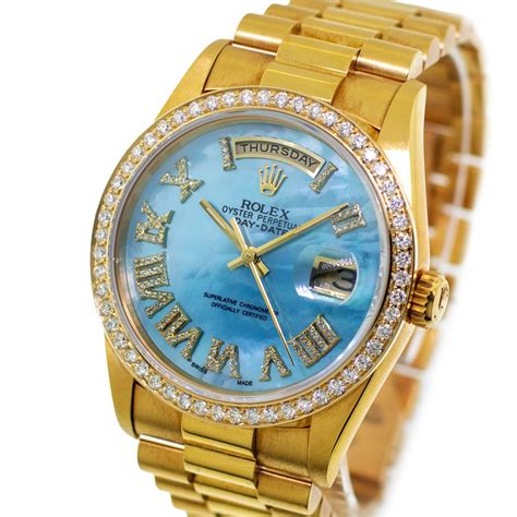 Rolex Day Date Mm Yellow Gold Baby Blue Mop Roman Diamond Dial