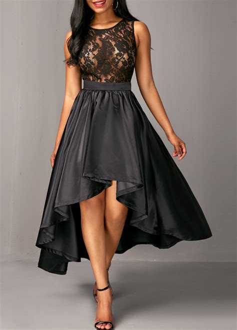 High Low Sleeveless Belted Black Lace Dress TABARGAINS