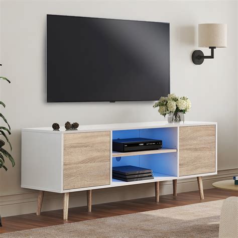 LED Mid Century Modern TV Stand for 60 inch Flact Screen, Wood TV Cabinet Media Console with ...