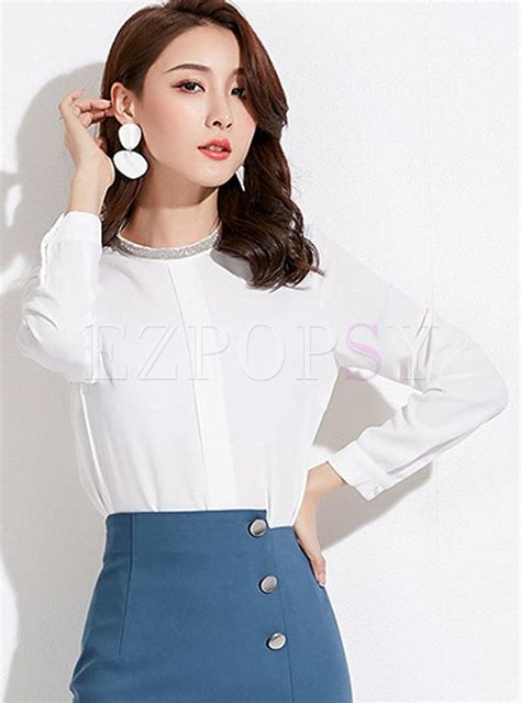 White Casual Standing Collar Long Sleeve Chiffon Blouse White Casual