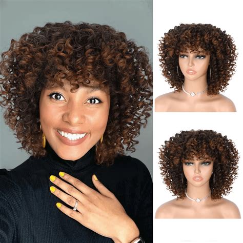 Short Curly Afro Wig With Bangs Kinky Curly Wig For Women Synthetic Ombre Brown Curly Wigs