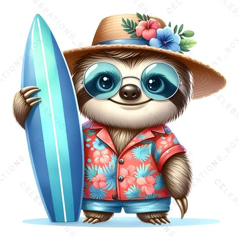 Summer Animals Clipart, Sloth Clipart, Summer Beach PNG, Ocean Graphics Clipart, Animal Vacation ...