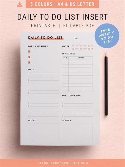 Daily Schedule To Do List Insert Free Weekly Planner A4 And Etsy