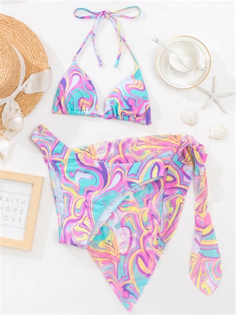 SHEIN Swim Vcay Abstract Fluid Pattern Bikini Set Triangle Bra