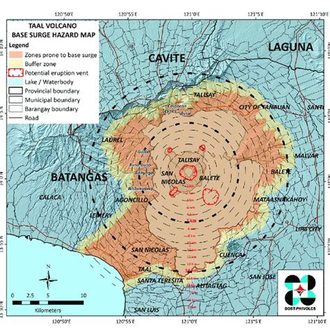 Taal Volcano Base Surge Hazard Map with kilometer radius (broken lines ...