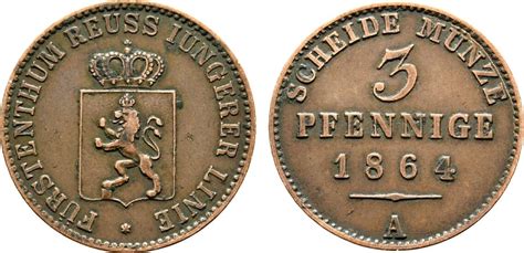 Reuss jüngere Linie zu Schleiz Cu 3 Pfennig 1864 A Heinrich LXVII