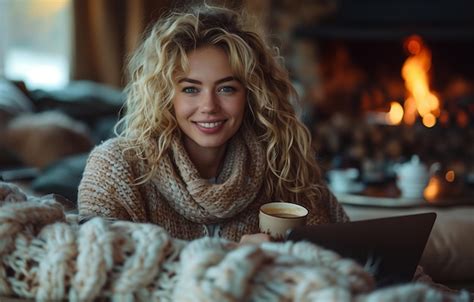 Blonde Woman On Sofa Sipping Coffee Working On Laptop With Curls Exuding Joyful Contentment