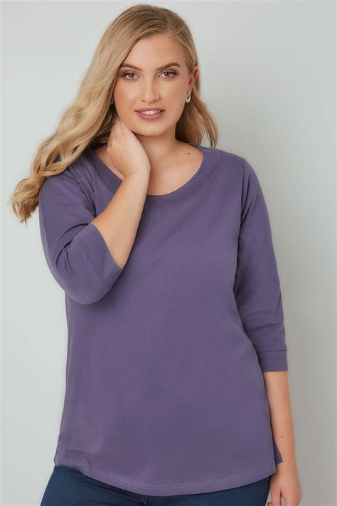 Dark Purple Band Scoop Neckline T Shirt With 3 4 Sleeves Plus Size 16